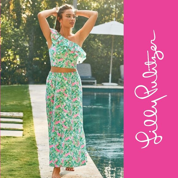 Lilly Pulitzer Kasida Ruffle 2-piece Set in Botanical Green Just Wing It - Picture 1 of 8